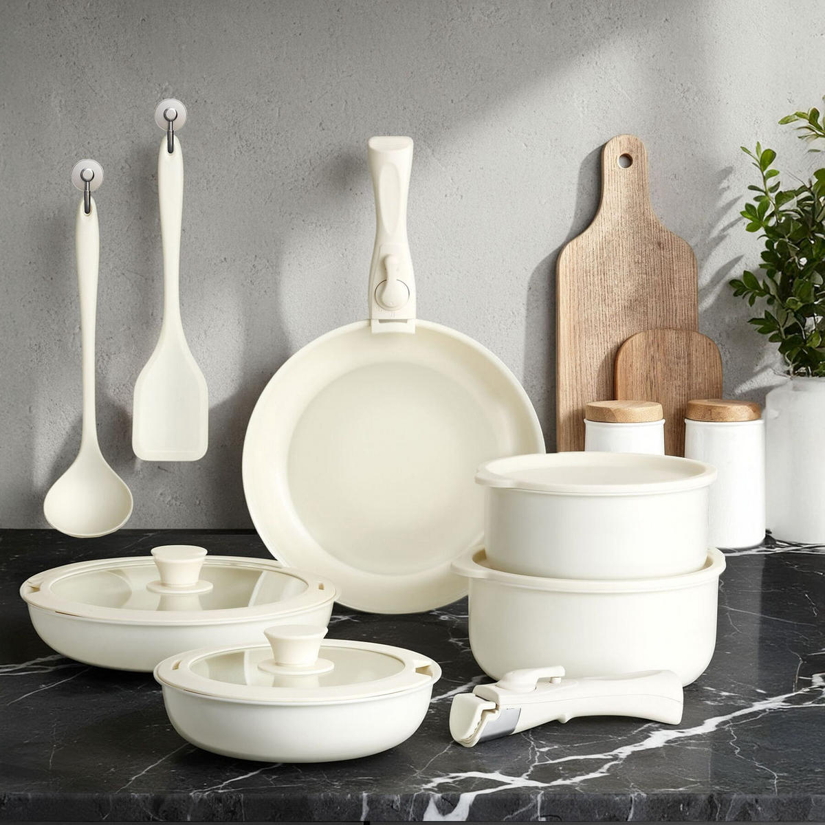 KOCHTOPFSET Genua,2 Küchenwerkzeuge und 3 Topfschoner aus Filz,weiß - Weiß, Metall - tectake