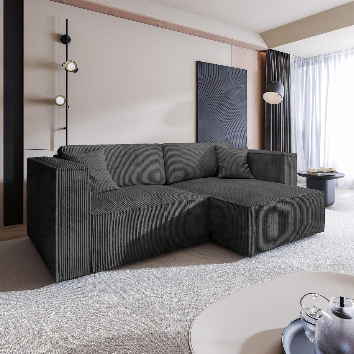 ECKSOFA NERIO P Graphitfarben Kordstoff mit Schlaffunktion - Graphitfarben, Holz (245/148cm) - MASSENO