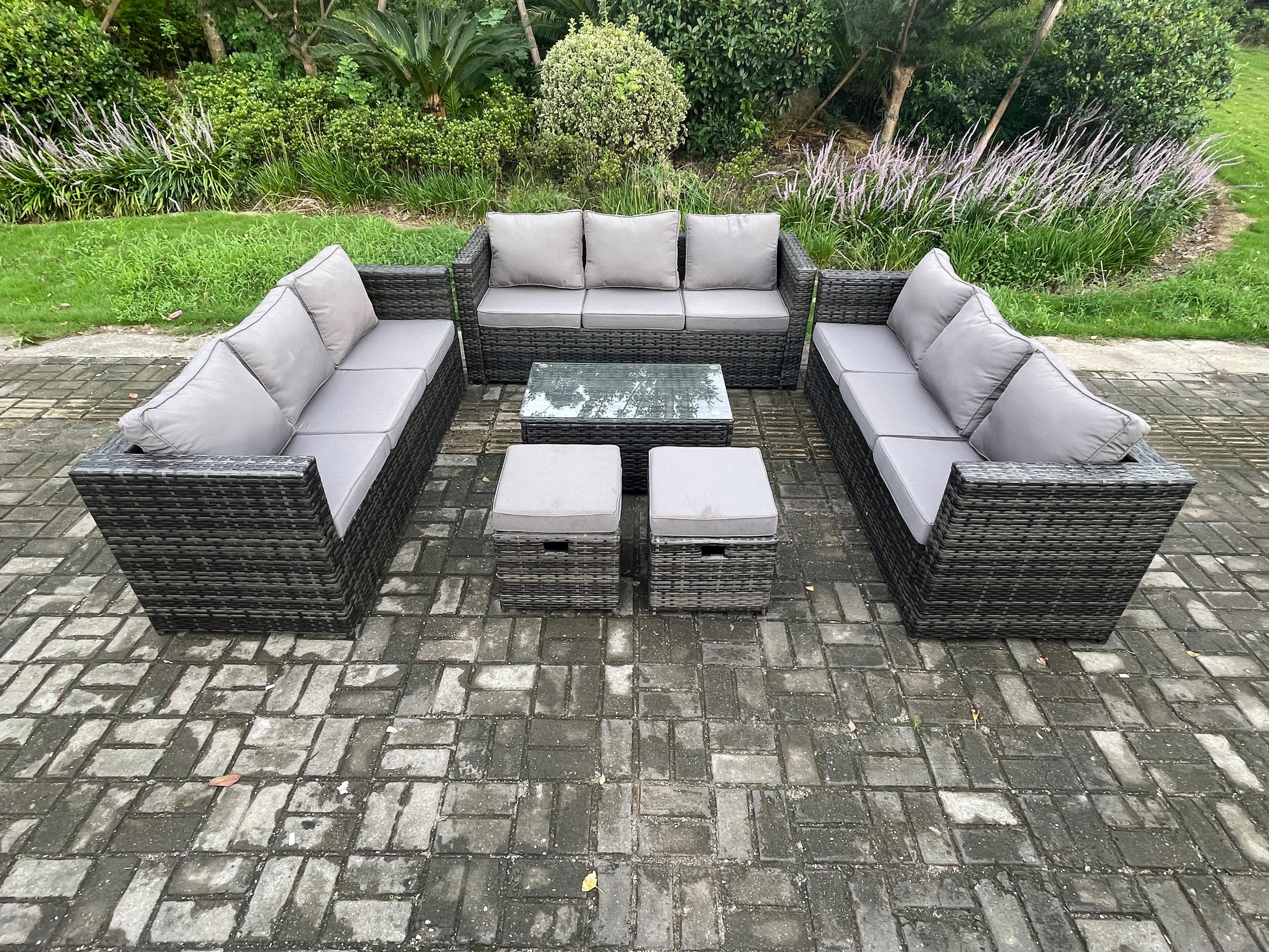 GARTENSET Polyrattan 11-Sitzer - Dunkelgrau, Metall - Fimous