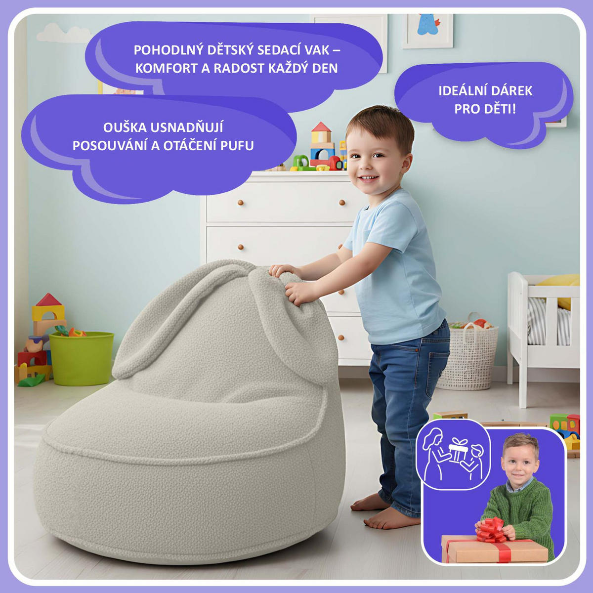 SITZSACK FÜR KINDER Hase 75/75/55 cm, weicher Bouclé 315 g/m², abnehmbarer Bezug, Lamb Cloud - Creme, Textil (75/55/75cm) - Dreamroots