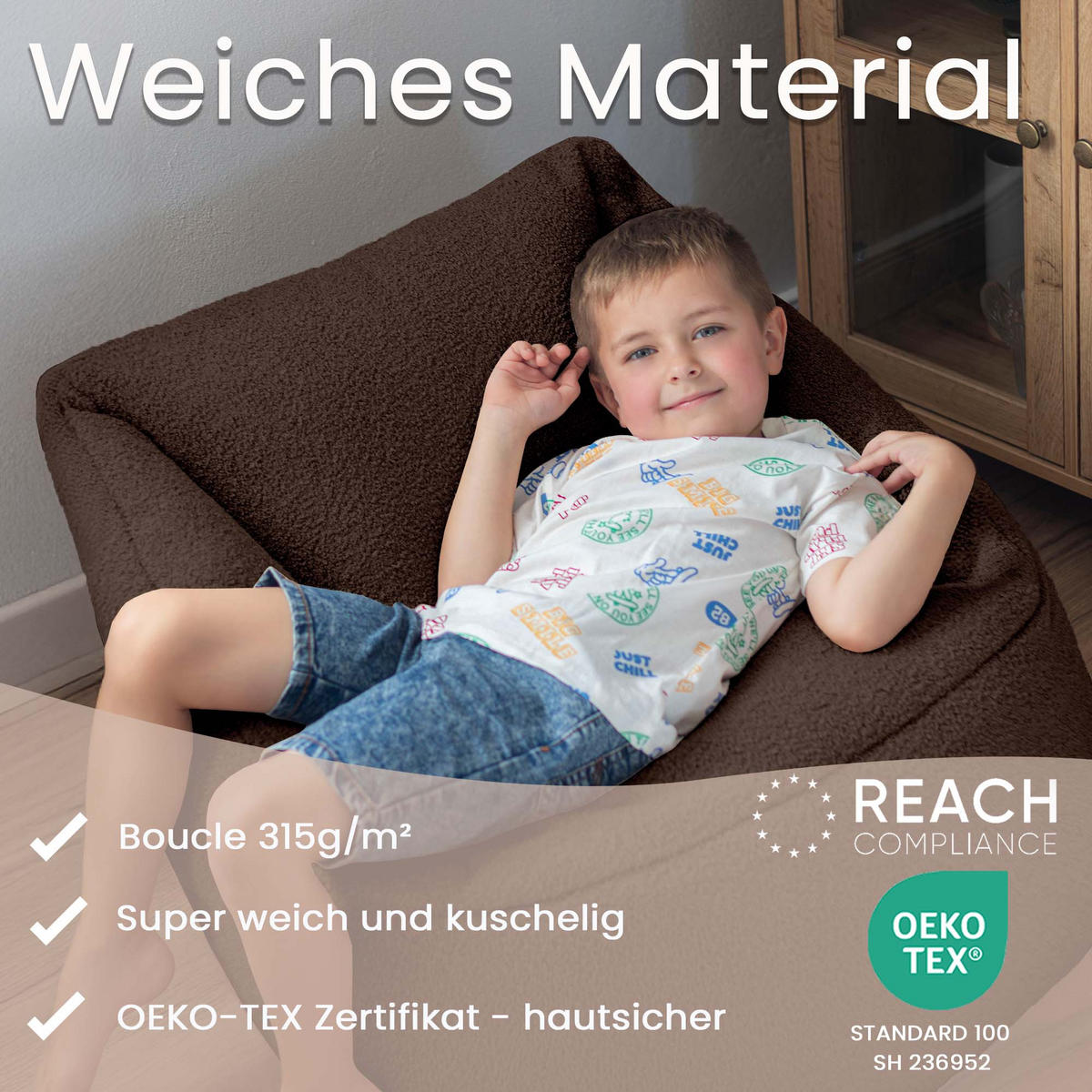 SITZSACK-SESSEL Bambino 55/60/55 cm, weicher Bouclé 315 g/m², mit Griff & Seitentasche, Dunkelbraun - Dunkelbraun, Textil (55/55/60cm) - Dreamroots