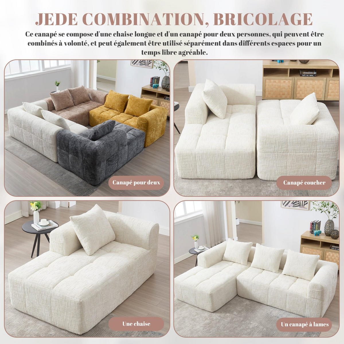 ECKSOFA 3-Sitzer mit Chaiselongue Taschen, Beige Chenille - Beige, Textil (158/250cm) - Urban Meuble