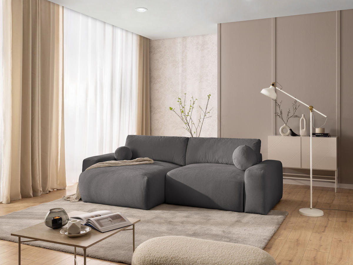 ECKSOFA Puffy mit Schlaffunktion und Bettkasten - besonders weich und puffig aus Taupe Webstoff - Ottomane links - Taupe/Schwarz, Holz/Kunststoff (138/266cm) - S-Style Möbel