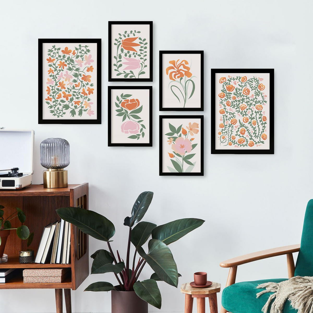 POSTER Set Mit 6 Fustige Blume In Blume Zusammenfassung Ästhetische Dekorative Gemälde Für Ihr Wohnzimmer Zuhause A3 & A4 Schwarzer Rahmen - Schwarz, Papier (29/3cm) - Nacnic