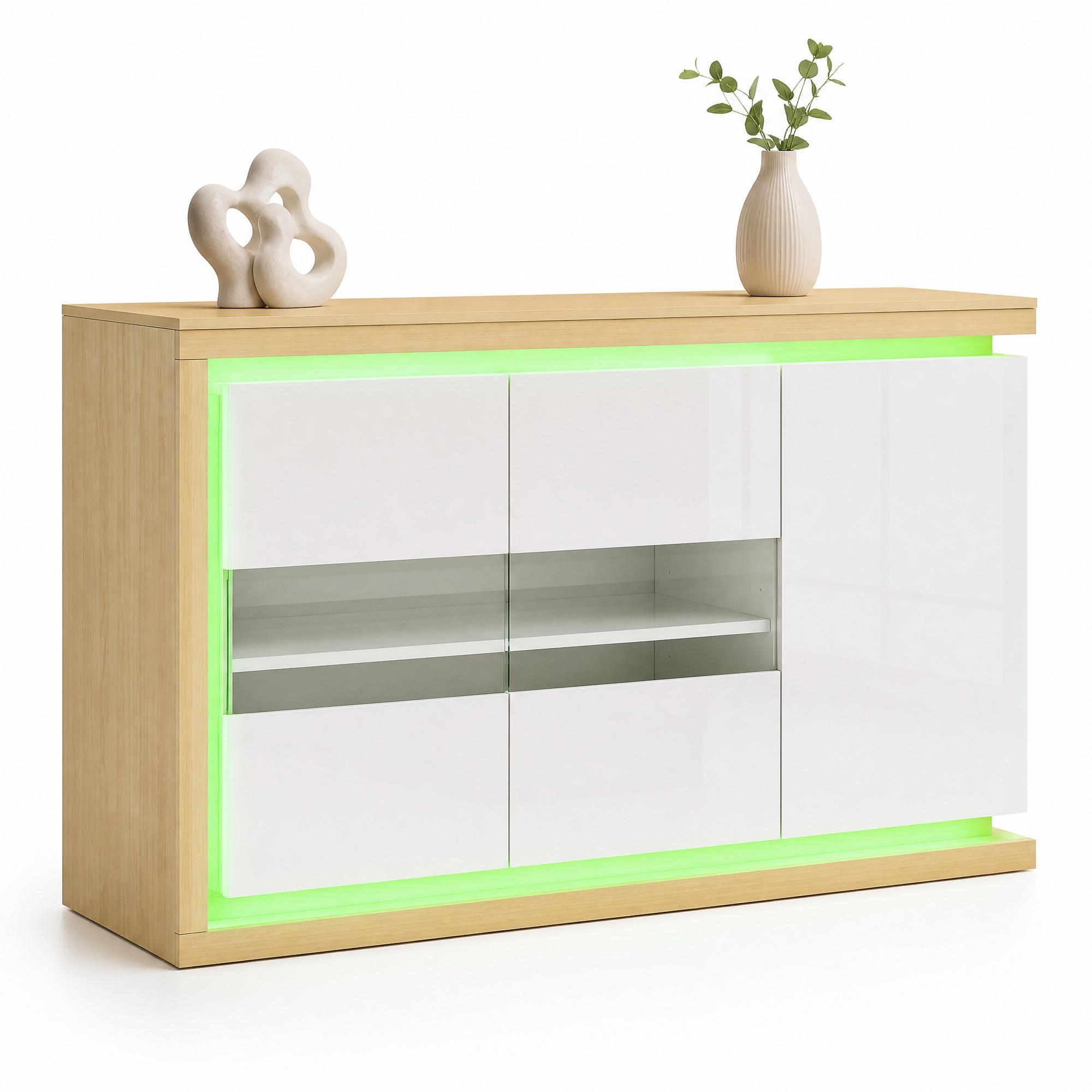 SIDEBOARD i vit högglans med justerbar hylla för hall, vardagsrum och kontor, B140/D40/H84 cm - Vit/Naturfärgad, Glas/Träbaserade material (140/84/40cm) - STILVORA