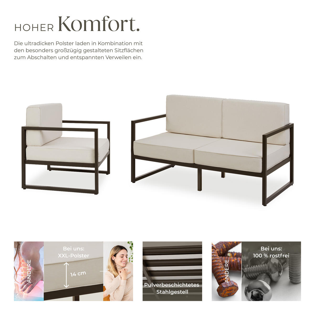 GARTEN-LOUNGESET Comosa,höhenverstellbare Füße,braun/beige - Beige/Braun, Kunststoff - tectake