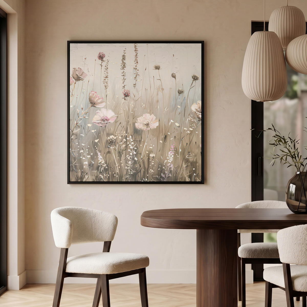 LEINWAND Bilder mit Rahmen - Blumen - Rosa - Modern - Beige - 90x90 - Beige, Textil (90/90cm) - MuchoWow