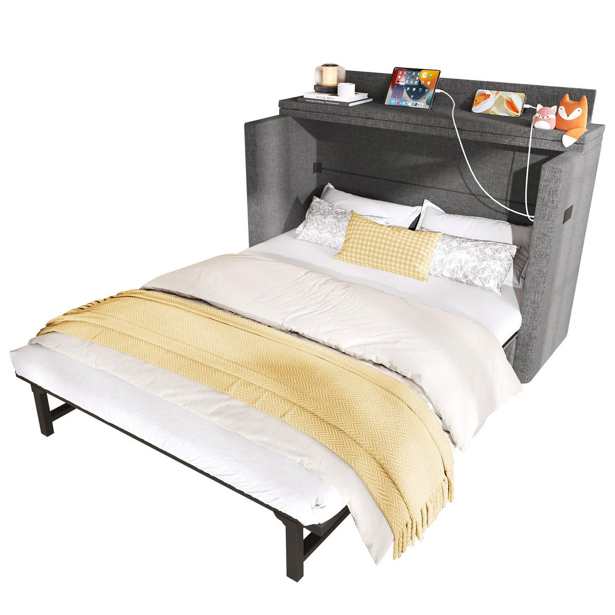 SCHRANKBETT 140x200cm Grau Leinen 1 Schublade USB-C mobiles Bett - Grau, Holz (140/200cm) - FLIEKS