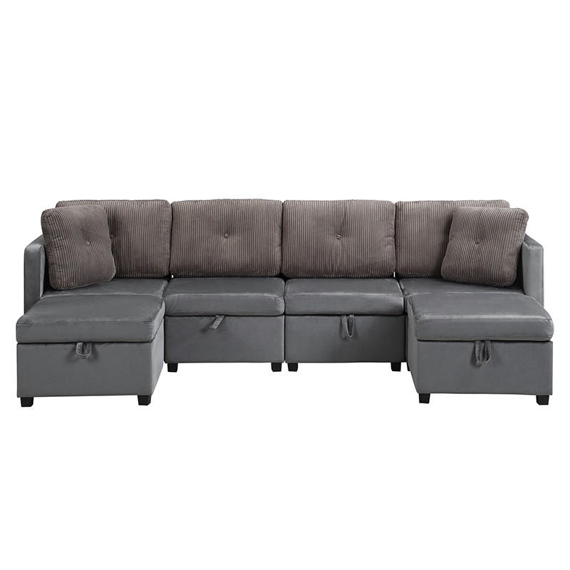 WOHNLANDSCHAFT 6-Sitzer Samt und Cord Antikgrau mit Stauraum - Grau, Holzwerkstoff/Kunststoff (261/85/132.5cm) - WISHDOR