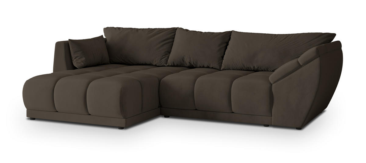 ECKSOFA ORENTI L-S Braun Velours-Stoff mit Schlaffunktion - Braun, Holz (287/182cm) - MASSENO