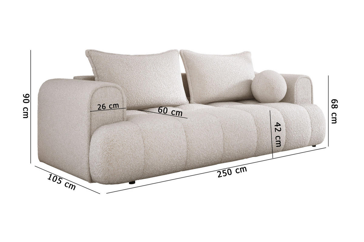 SOFA COCO SCHLAFSOFA mit Bettfunktion, CLOUD Stoffbezug, 2-Sitzer, freistehend, Größe: 250x105x90 cm, Dunkelgrau - Zinkfarben, Holz/Textil (250/90/105cm) - DomoHome