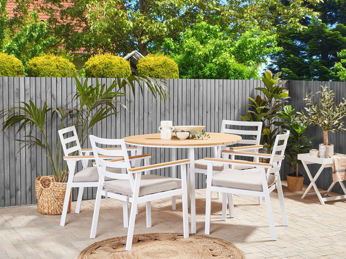 GARTENMÖBEL SET 4-Sitzer Aluminium weiß Auflagen beige Cavoli - Hellbraun/Beige, Metall - Beliani