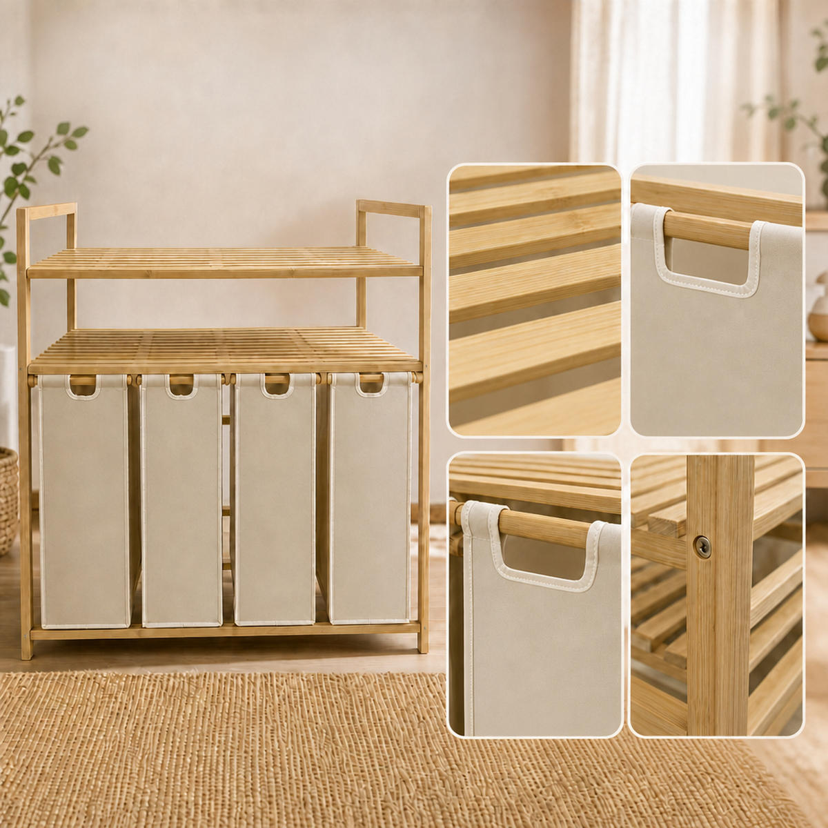 WÄSCHESAMMLER Natur-Beige 4er-Set Bambus - Multicolor, Holz/Textil (103/100/41.5cm) - Relaxdays