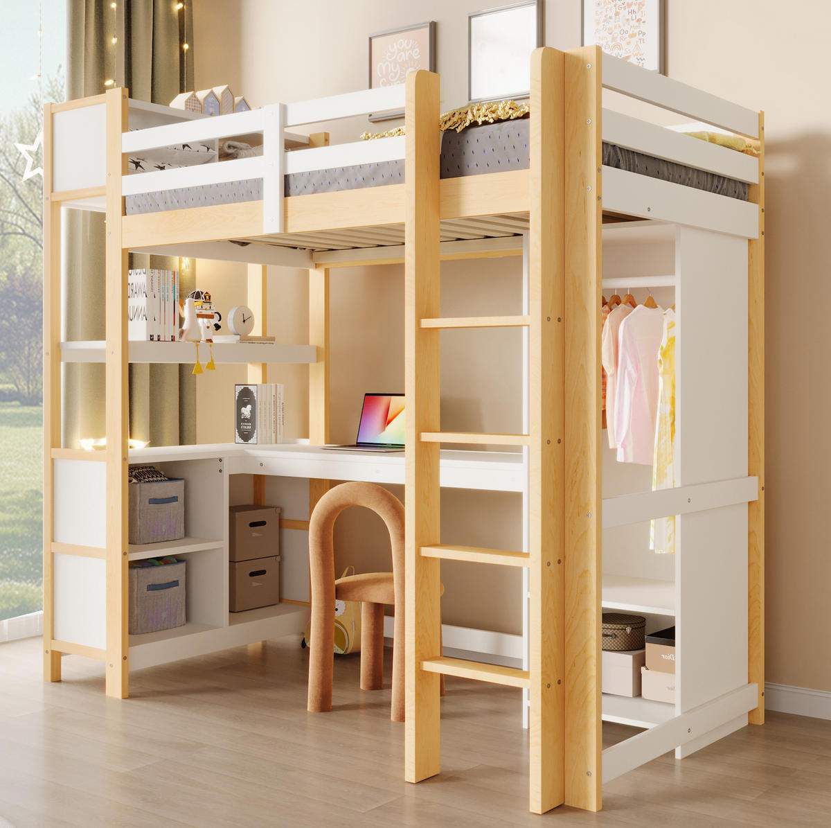 HOCHBETT 90/200 cm, Natur mit Schreibtisch, Regalen, Kleiderschrank, ohne Matratze - Weiß, Holz (90/200cm) - MIVRAY