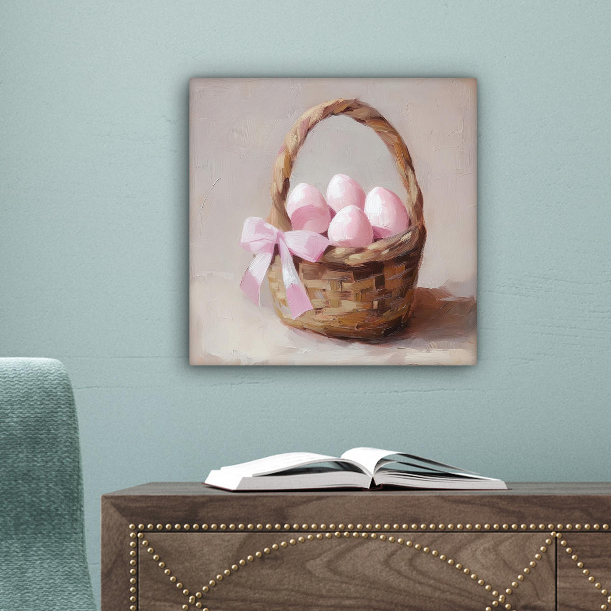 LEINWANDBILD Korb - Eier - Rosa Deko Wohnzimmer 20x20 cm - Beige, Textil (20/20cm) - MuchoWow