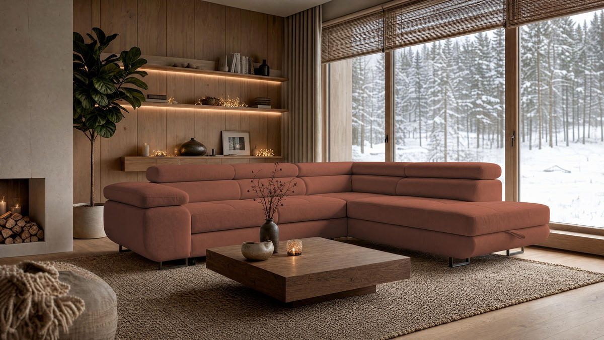 ECKSOFA Velmo mit Bettkasten und Schlaffunktion, verstellbaren Kopfstützen, in L-Form - Hellrosa, Textil (275/203cm)