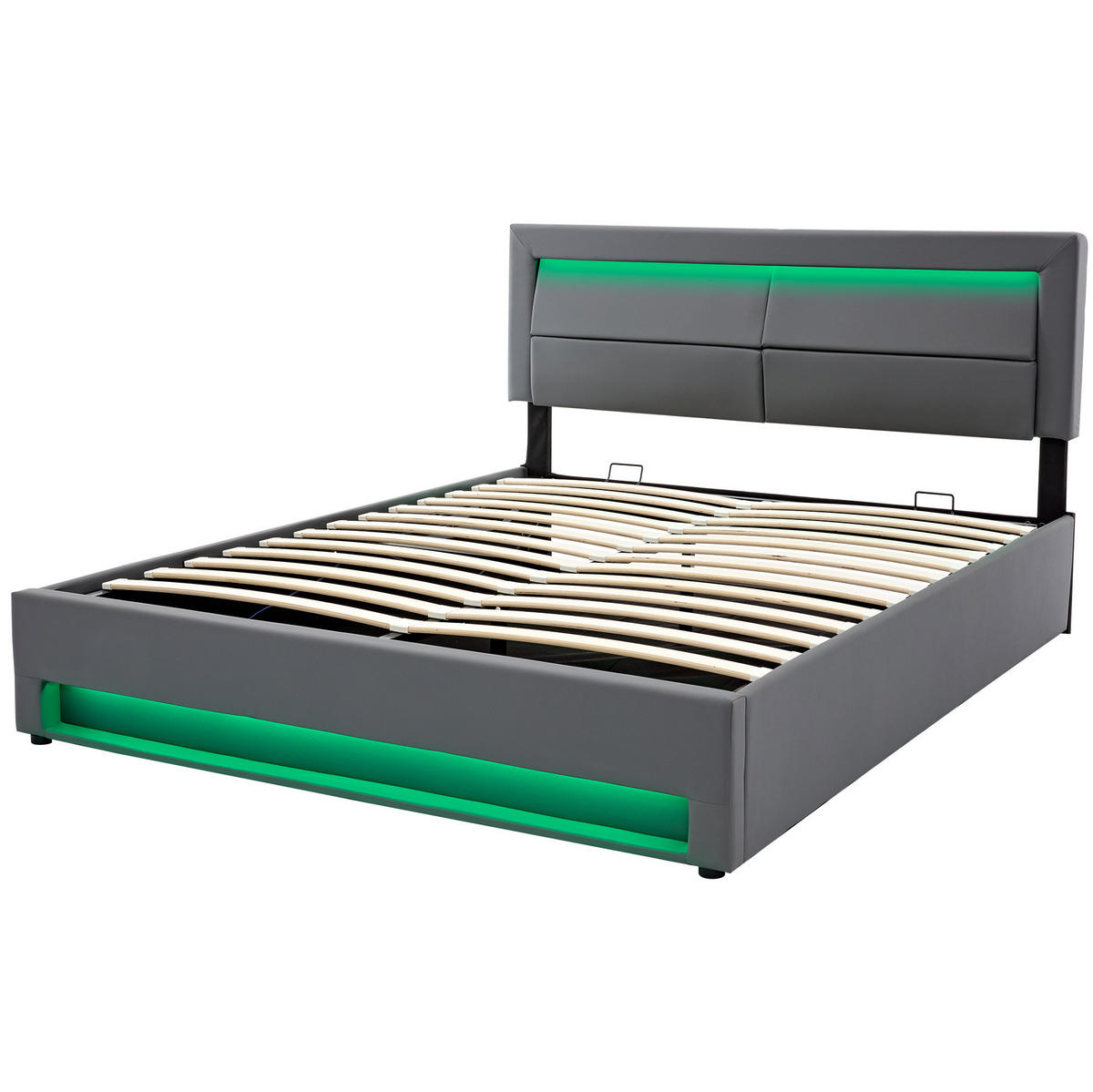 POLSTERBETT 160/200 cm mit USB-Ladefunktion, LED-Beleuchtung und Bettkasten, PU-Lederoptik, Grau - Grau, Kunststoff (160/200cm) - Redom