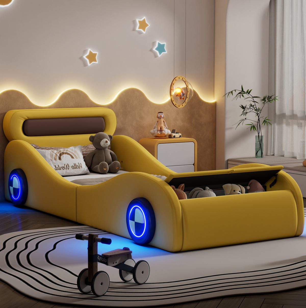 KINDERBETT 90/200 cm in Autoform mit LED-Rädern und Stauraum, Gelb - Gelb, Kunststoff (90/200cm) - BEAOK