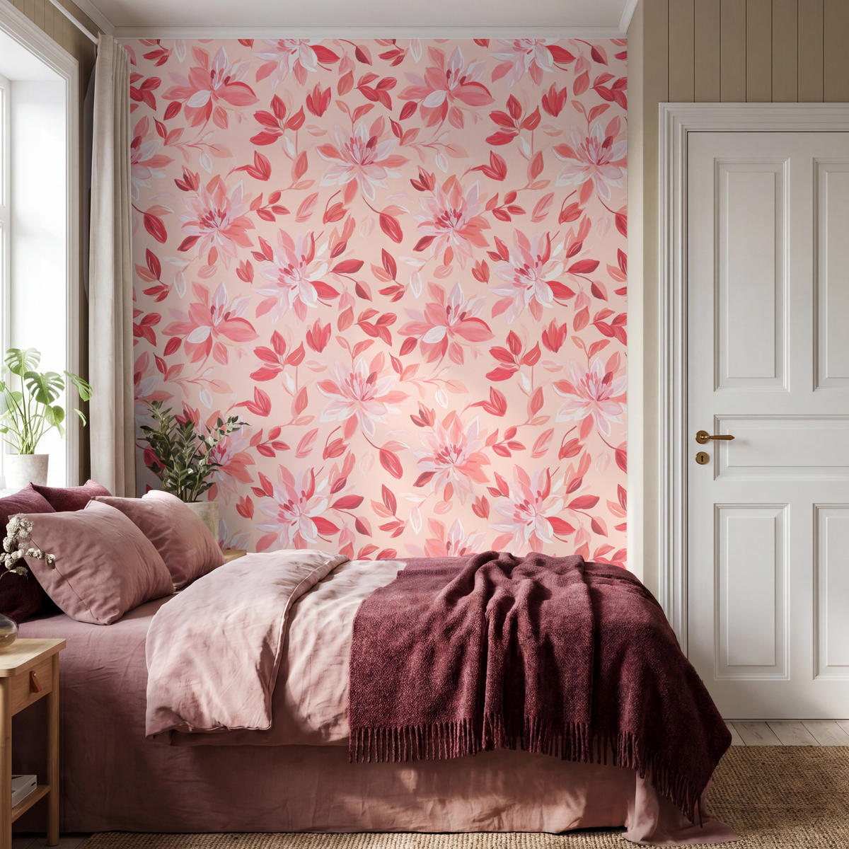 TAPETE - Botanisch - Blumen - Rot - 200x240 cm - Koralle, Papier (200/240cm) - OnlyWow