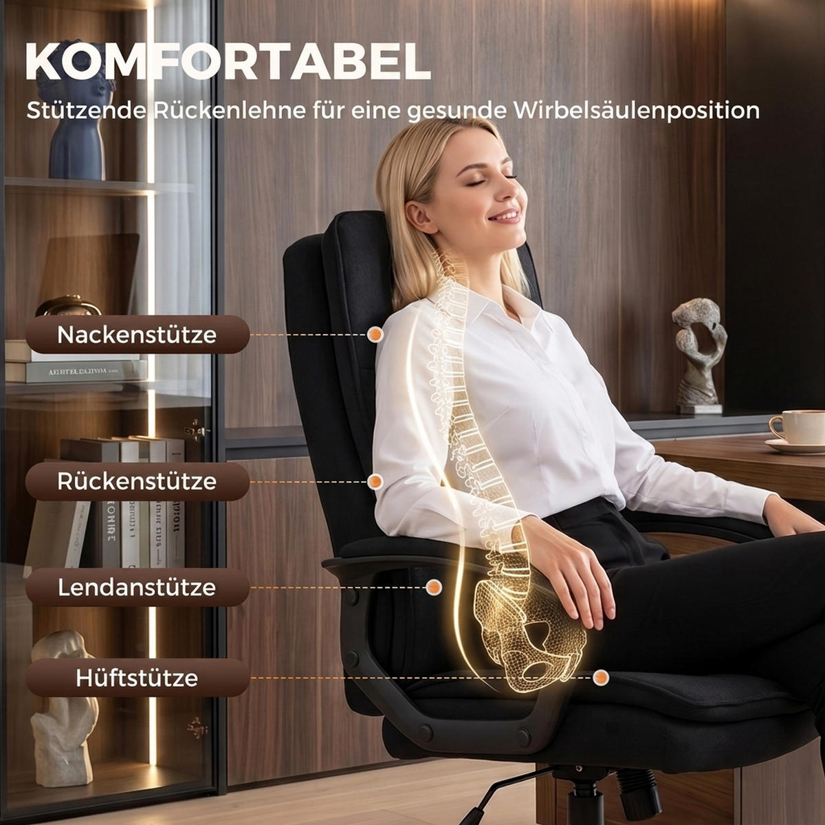 BÜROSTUHL Leinen Schwarz - Schwarz, Textil/Metall (63/112/70cm) - HOMCOM