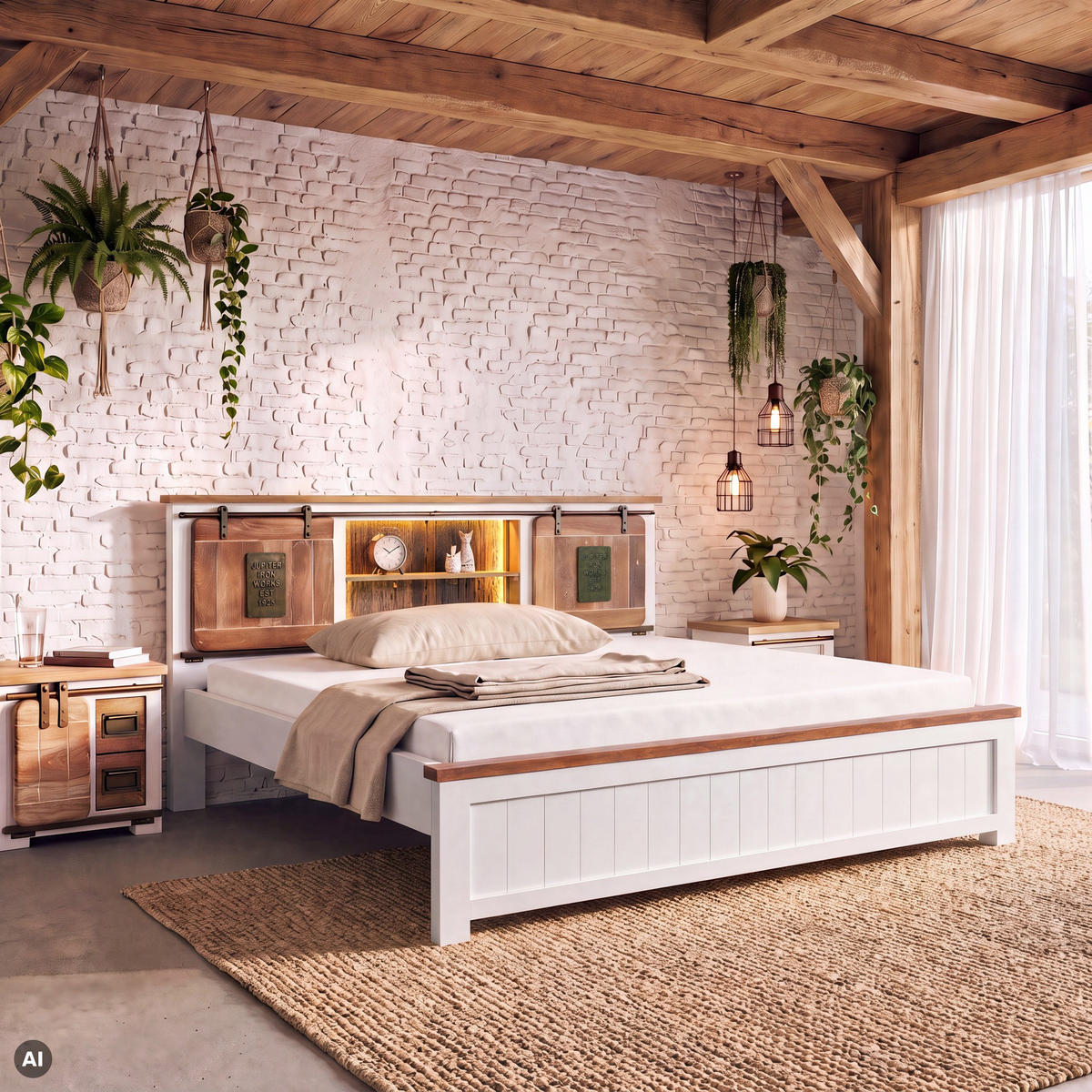 BETT Massivholz Mango / Altholz 180 x 200 x 106 weiß RAILWAY LUX #512 - Weiß, Holz (180/200cm) - Massivmoebel24
