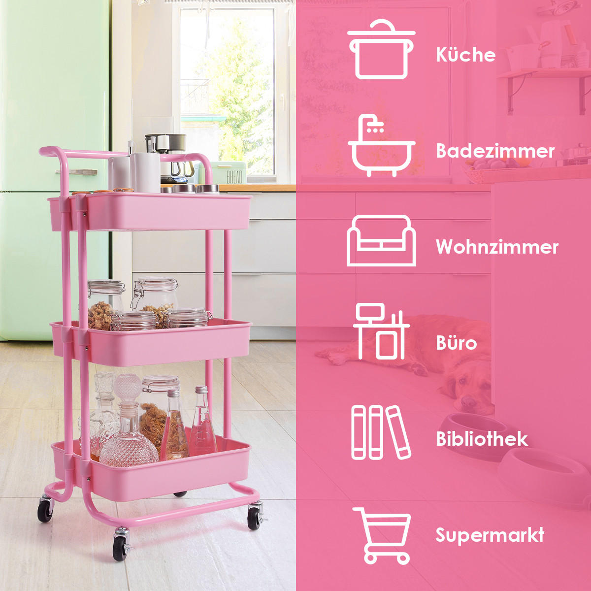 STORAGE TROLLEY Pink - Pink, Metall (42/87/35cm) - COSTWAY