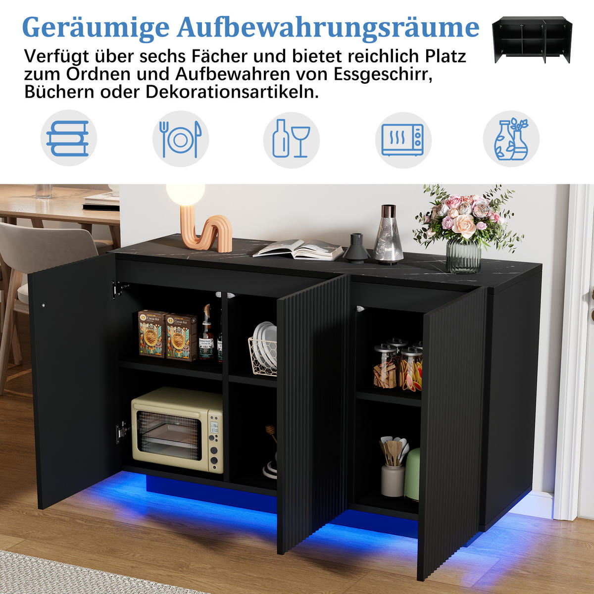 SIDEBOARD LED Schwarz Marmor 120cm Bluetooth Stauraum Modern - Schwarz, Holzwerkstoff (40/75/120cm) - FLIEKS