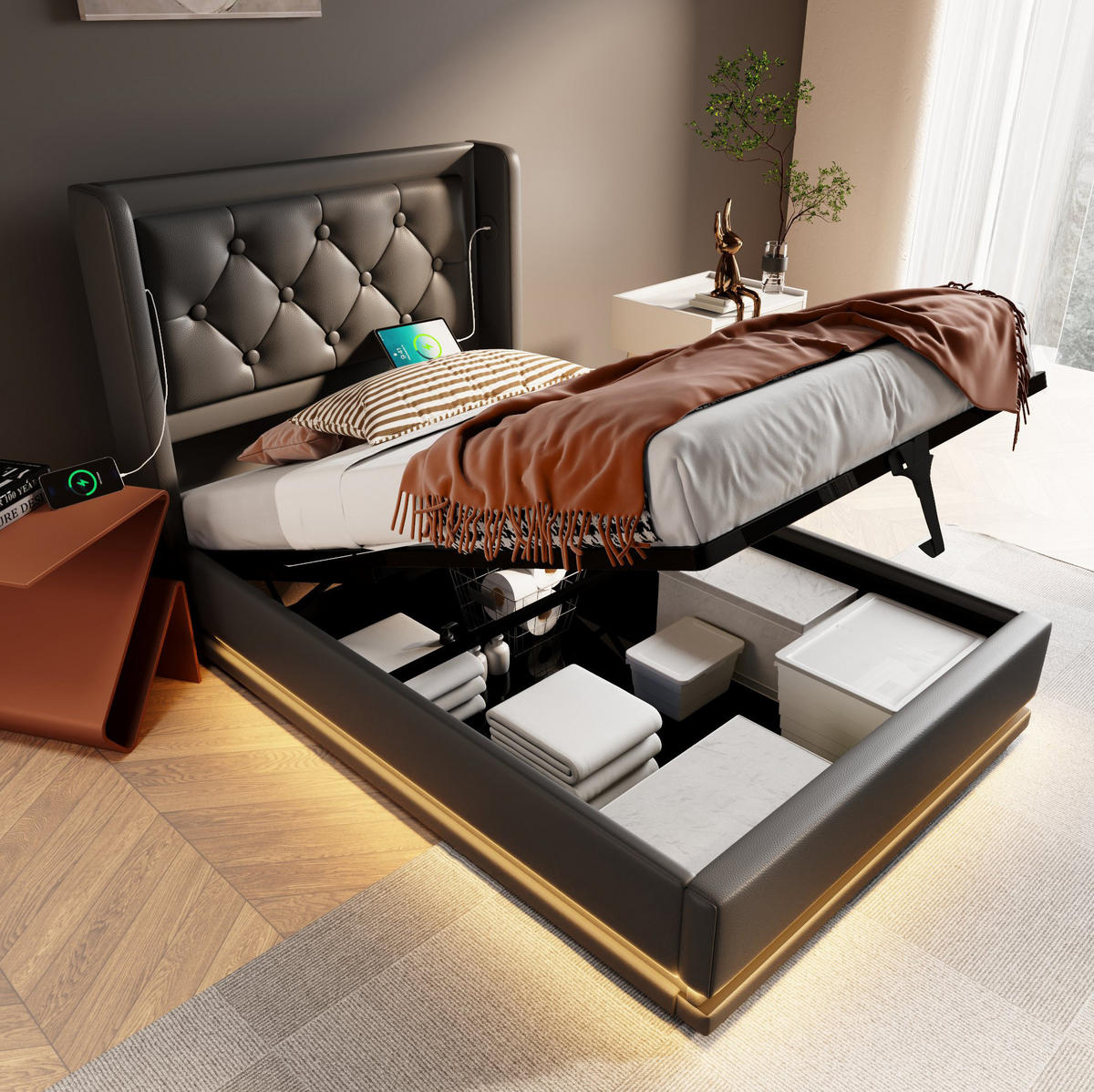 BETT mit Stauraum und Matratze 90x200 cm PU Schwarz - Schwarz, Metall (90/200cm) - Meubliv