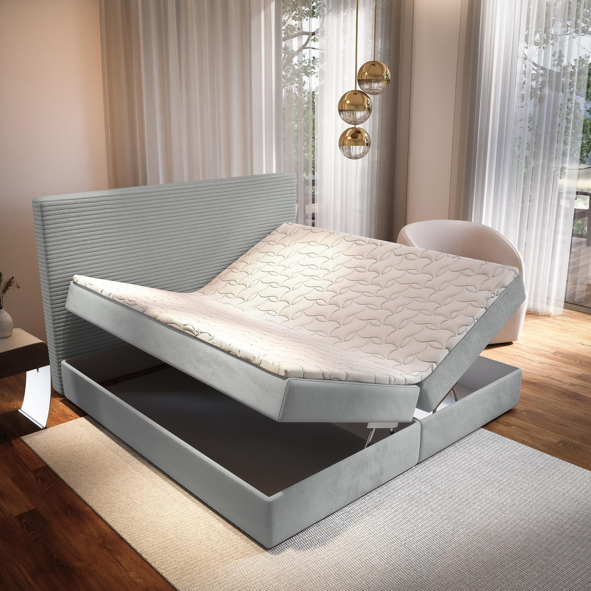 BOXBETT GIARRO 180x200 cm mit Matratze und Topper - Hellgrau - Hellgrau, Holz (180/200cm) - MASSENO