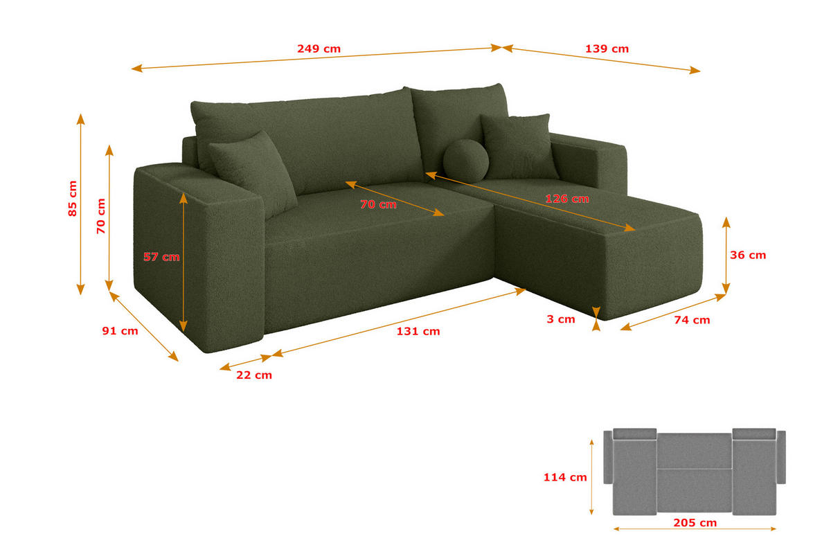 ROHOVÁ SEDAČKA s funkcí spaní, otoman vpravo SENO-L 249x139x85 zelená bouclé - černá/zelená barva, kompozitní dřevo/textil (249/139cm) - ALTDECOR