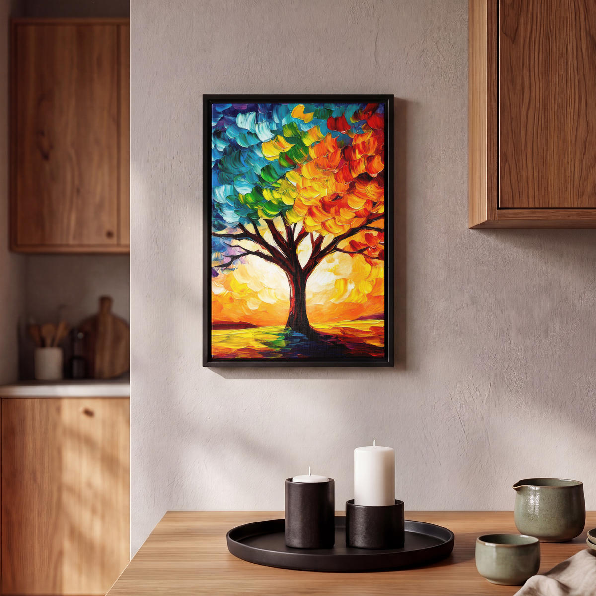 LEINWAND Bilder mit Rahmen - Baum - Kunst - Natur - Sonnenuntergang - 20x30 - Multicolor, Textil (20/30cm) - MuchoWow