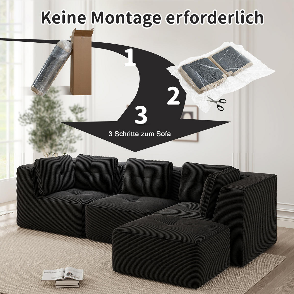 ECKSOFA 297/177/69 cm Schwarz Cord mit 1 Fußhocker - Schwarz, Textil (297/177cm) - Oxeza