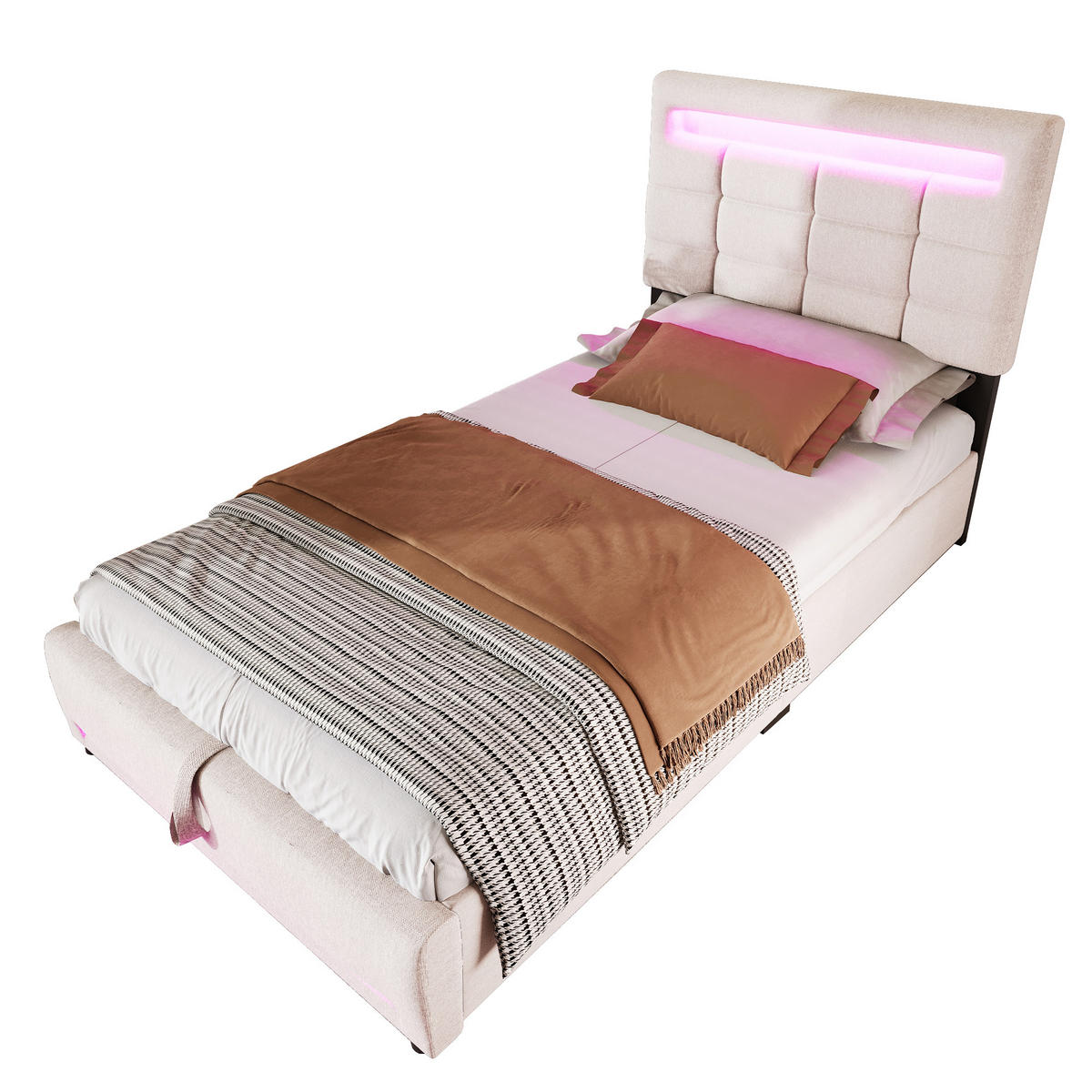 POLSTERBETT 90/200 cm Beige mit LED-Beleuchtung und hydraulischer Lagerung - Beige, Textil (90/200cm) - OKWISH