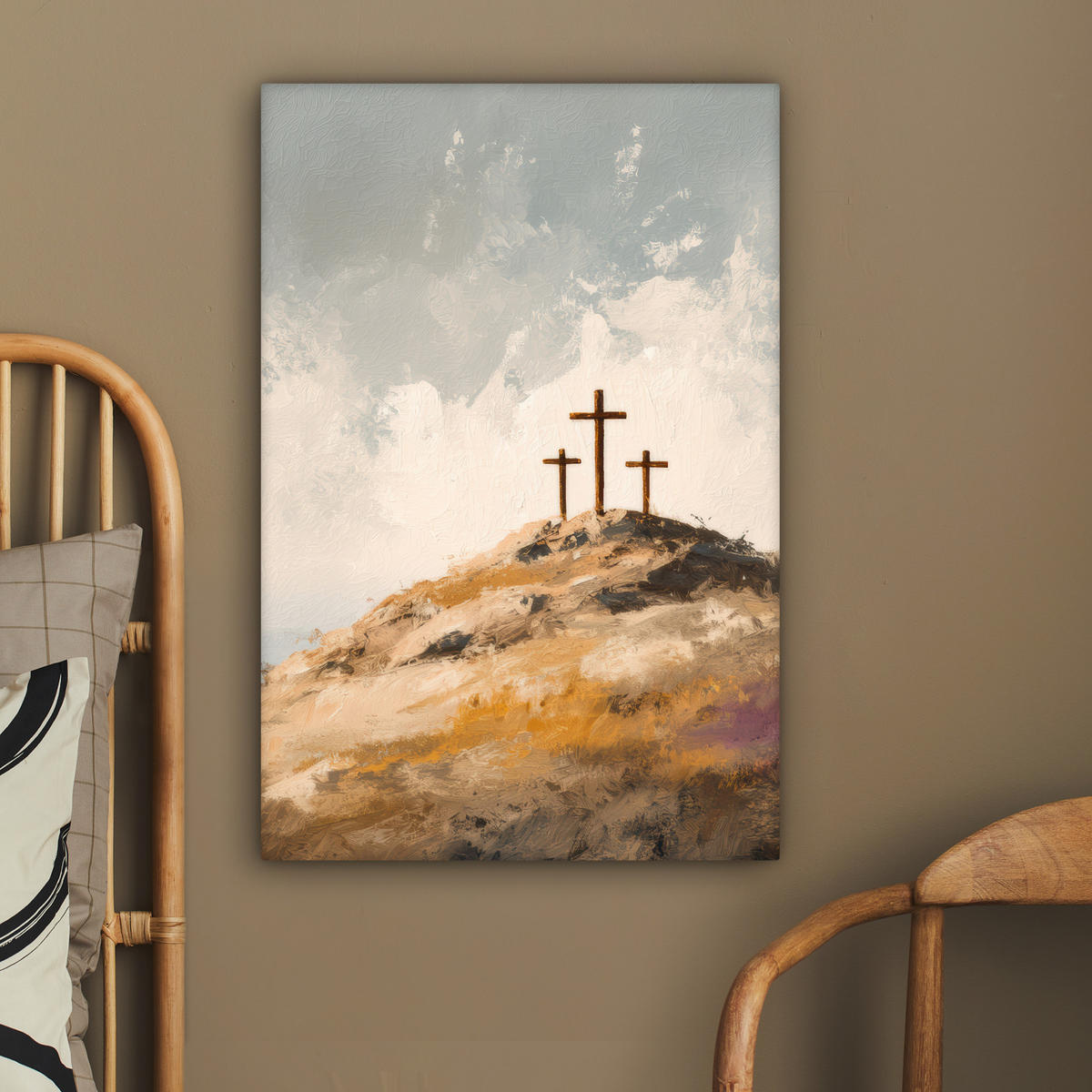 LEINWANDBILD Hügel - Abstrakt - Christentum - Kreuz Wanddeko Schlafzimmer 60x90 cm - Hellgrau, Textil (60/90cm) - MuchoWow