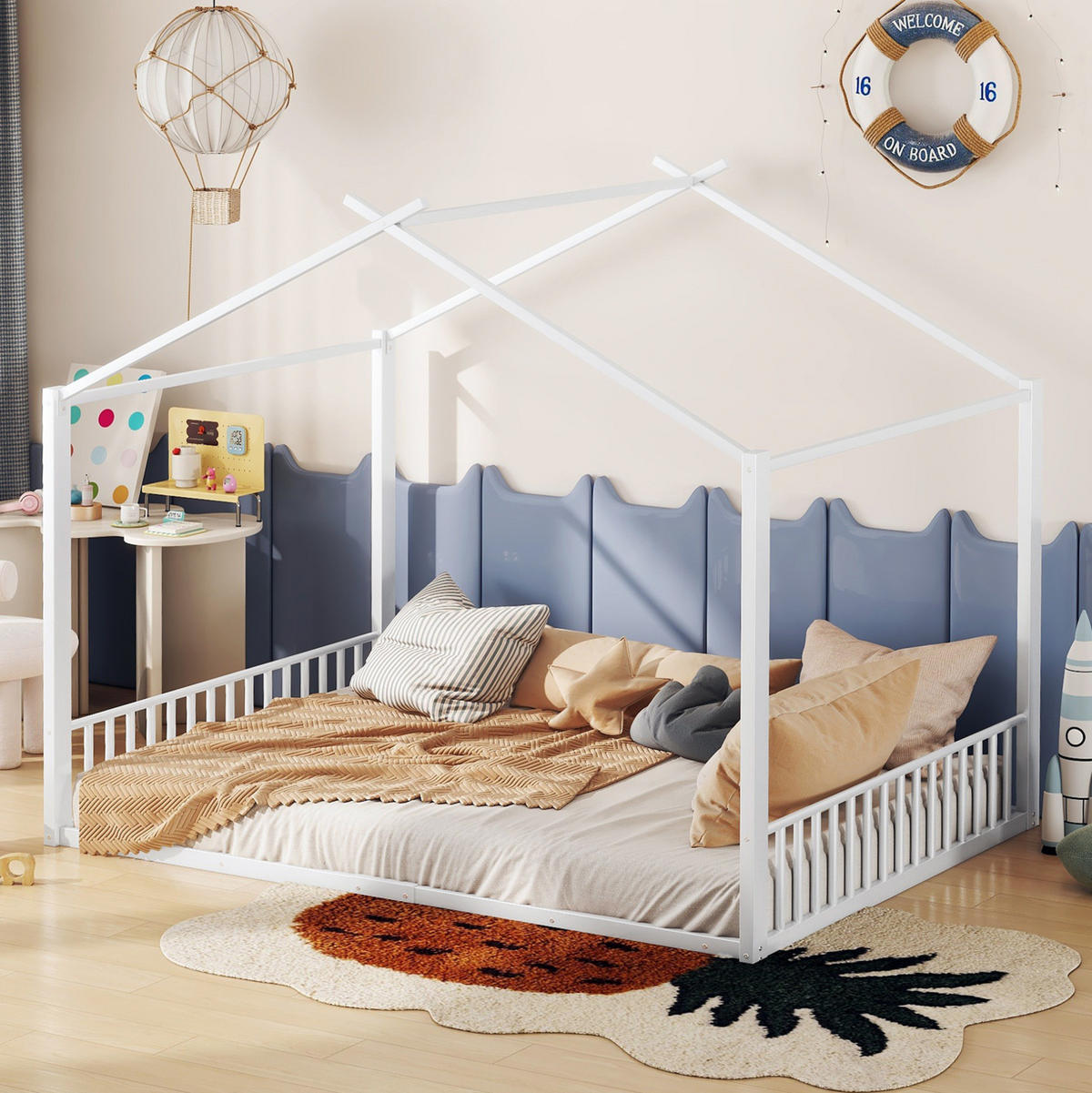 HAUSBETT aus Metall 140x200 cm Weiß in Hausform, stabile Konstruktion und pflegeleicht - Weiß, Metall (140/200cm) - Modfu