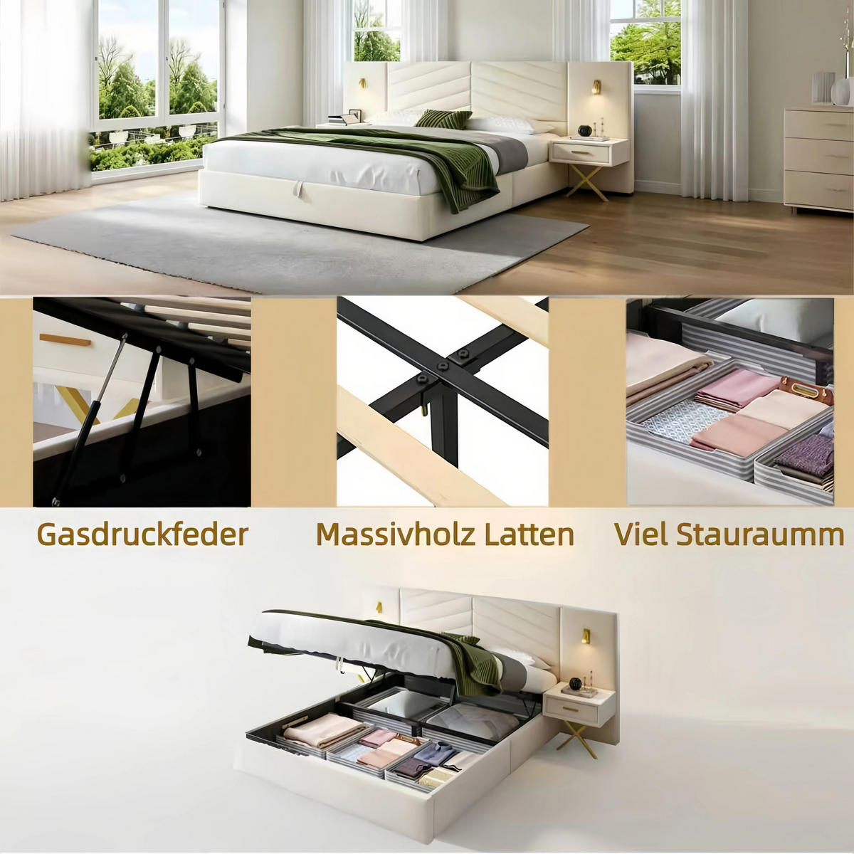 POLSTERBETT 160/200 cm Beige-Weiß mit 2 Bettbänke und 2 LED-Leuchten - Weiß, Holz (160/200cm) - Oxeza
