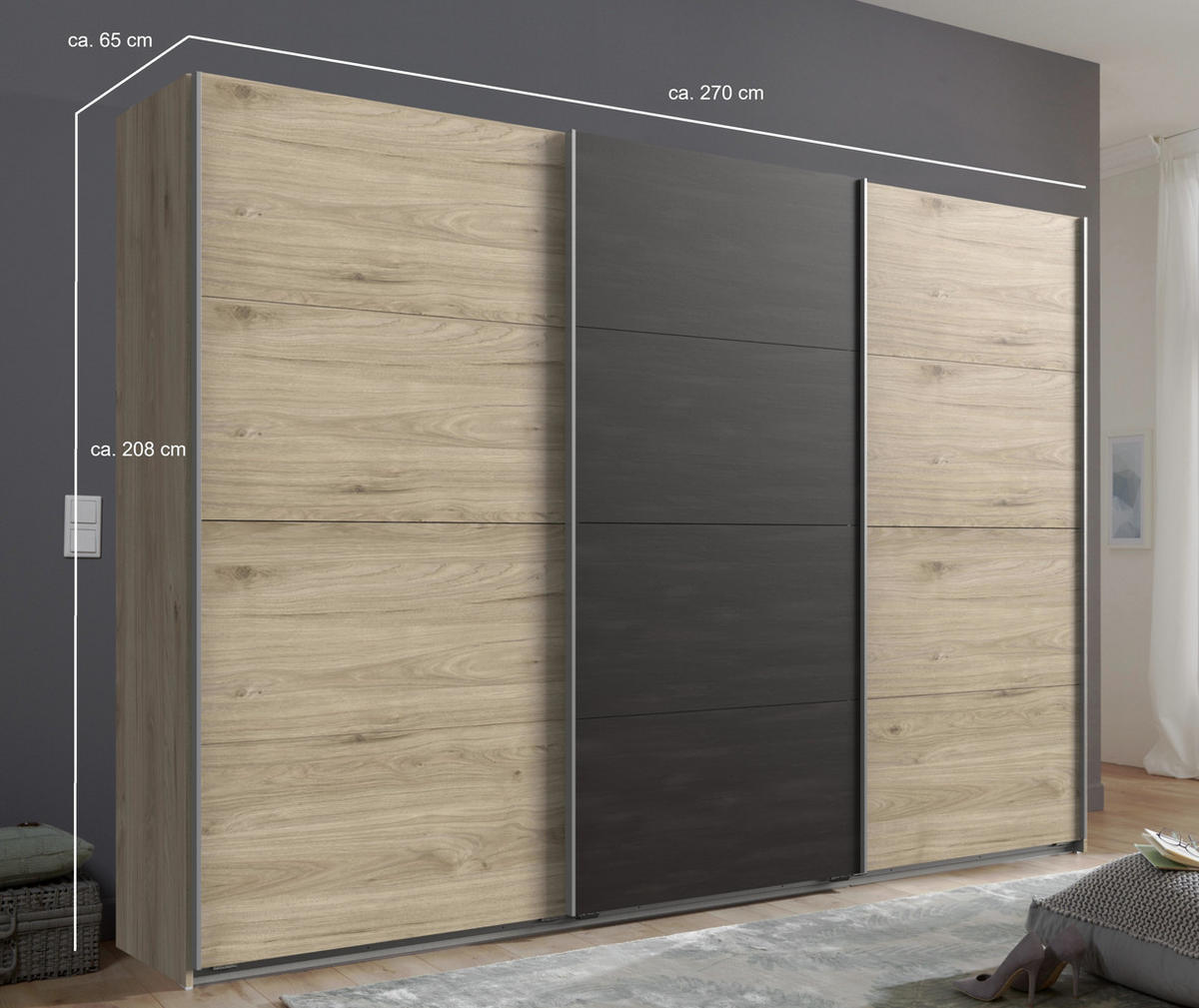 SCHWEBETÜRENSCHRANK 3-türig B270/H208/T65 cm Eichen-Dekor mit Mitteltür in grauer Stahl-Optik / 22004 - Eichefarben/Alufarben, Holzwerkstoff/Metall (270/208/65cm) - luma-home