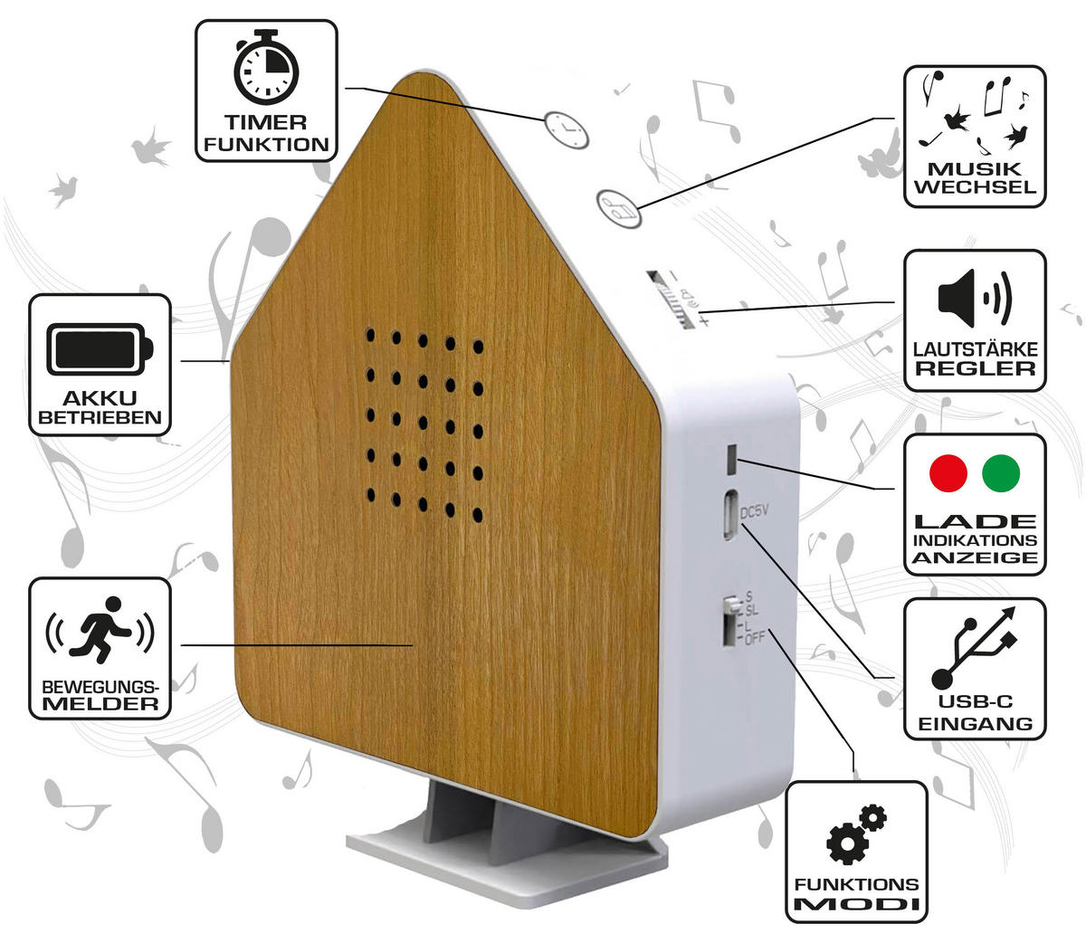 NATURGERÄUSCHEBOX - Echtholz mit Bewegungssensor und LED-Beleuchtung für entspannende Klänge, 1er-Set - Kirschbaumfarben, Kunststoff (4.1/13/15.8cm) - Northpoint
