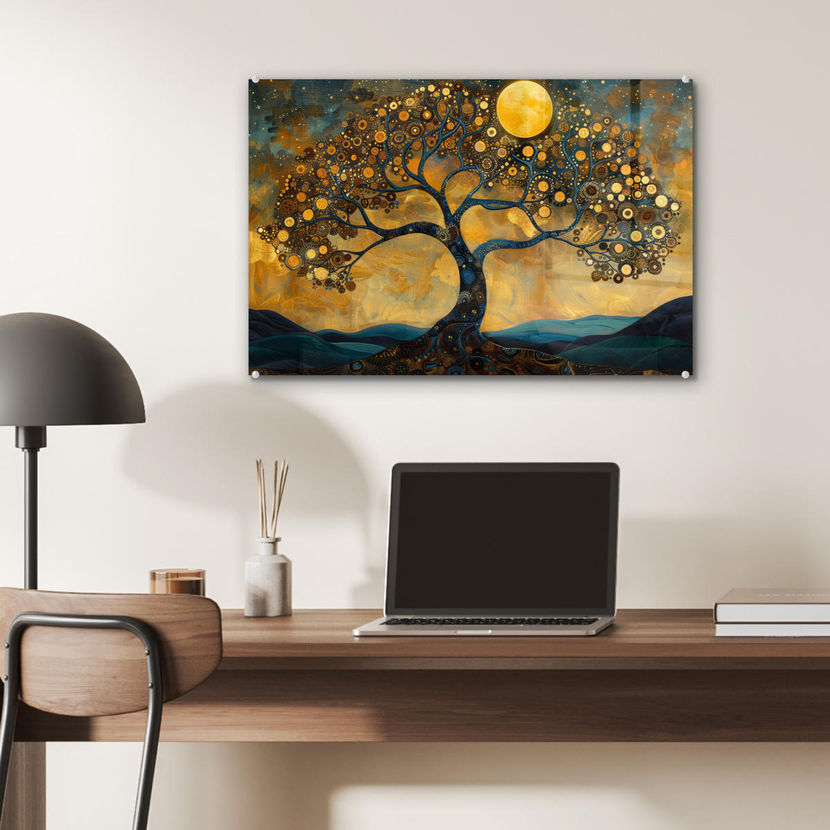 ACRYLGLASBILD Baum - Mond - Blumen - Gold - Kunst 60x40 cm - Orange, Glas (60/40cm) - MuchoWow