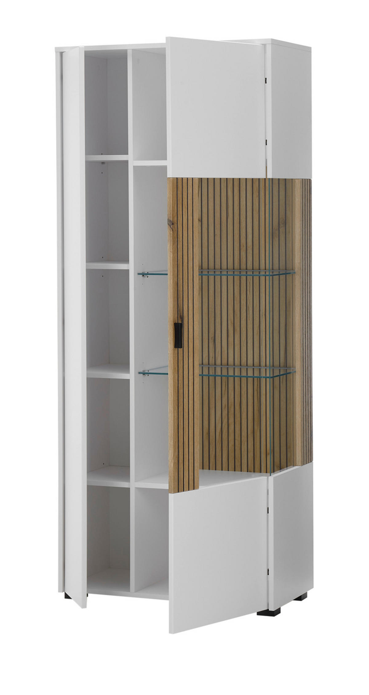 WOHNWAND weiß matt, Eiche 4-teilig 320 x 180 cm, Schrankwand mit viel Stauraum und Soft-Close - Eichefarben/Schwarz, Glas/Holzwerkstoff (320/180/42cm) - Furn.Design