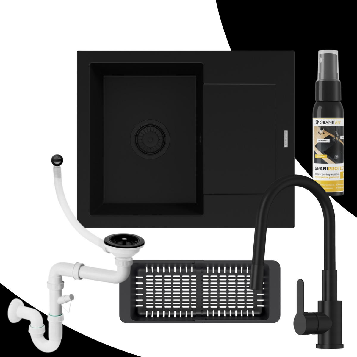 SPÜLBECKEN Bello Schwarz 4-tlg. 570/470 mm Granitoptik Set mit Armatur und Siphon - Schwarz, Stein (57/47/20cm) - Granitan
