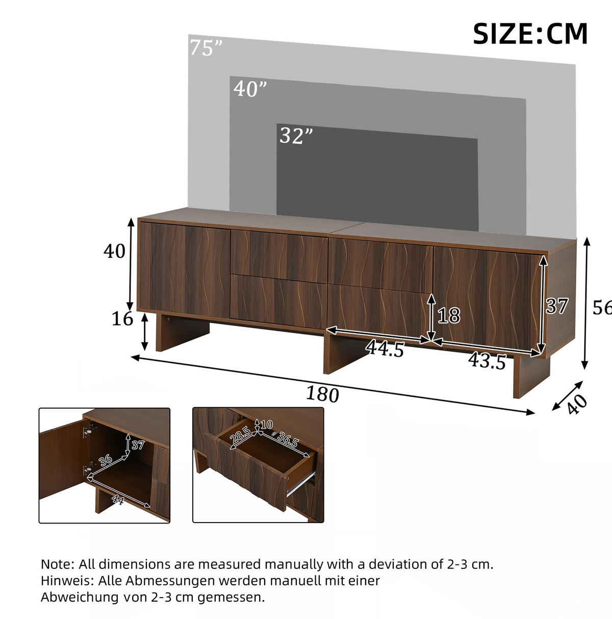 LOWBOARD 180/40/56 cm aus Spanplatte mit 4 Schubladen und 2 Türen Walnussfarben - Braun, Holzwerkstoff (180/56/40cm) - Modenvie