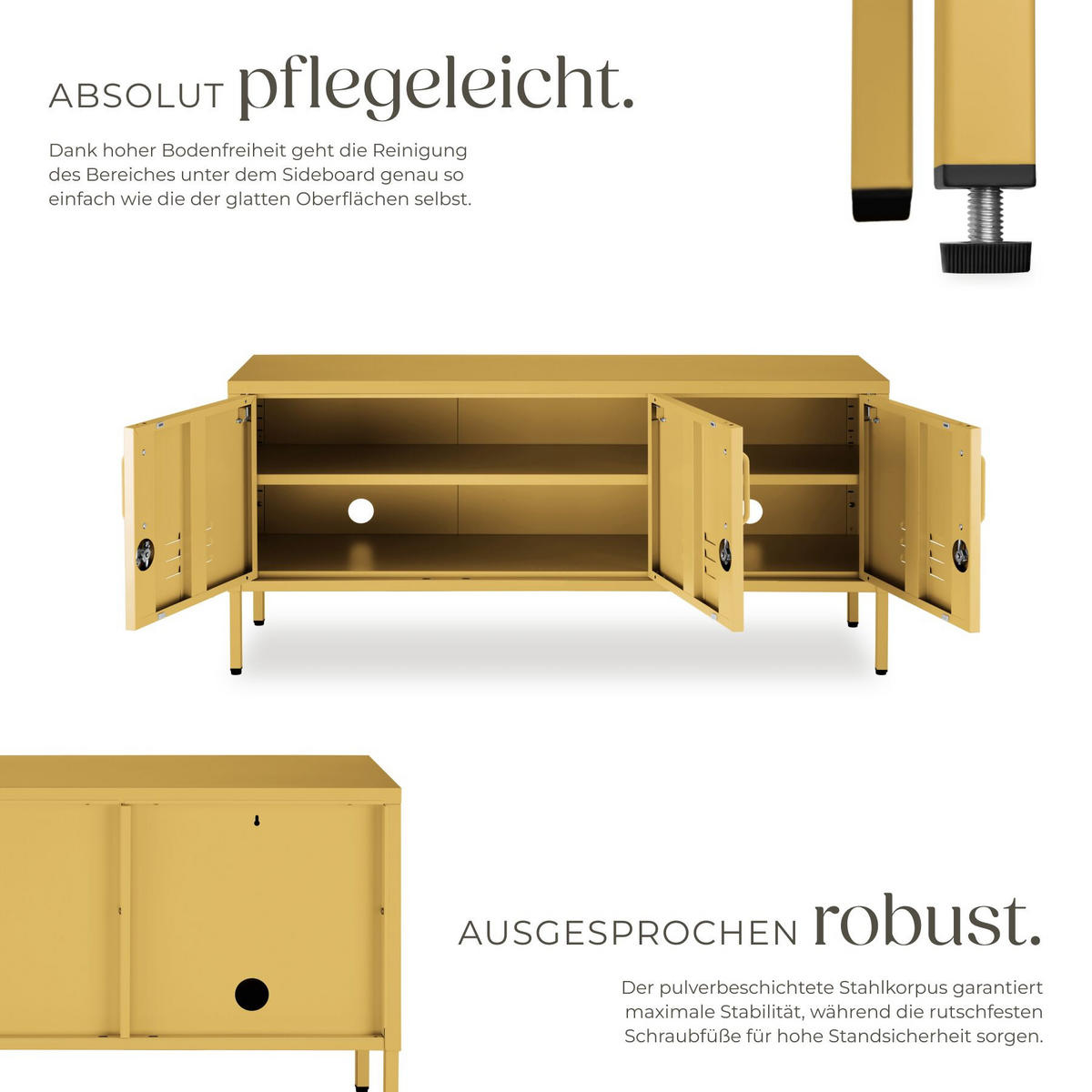 SIDEBOARD Baker, Kippschutz, höhenverstellbare Füße, gelb - Gelb, Metall (120/55.5/37.5cm) - tectake