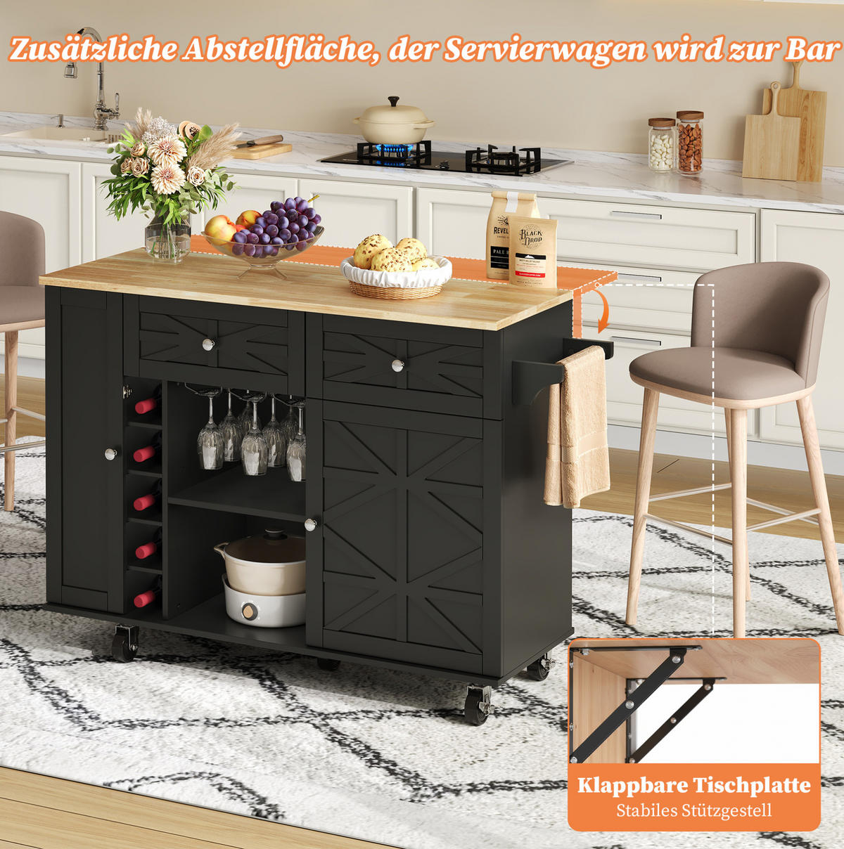 KÜCHENINSEL 120/45-70/89 cm aus MDF mit klappbarer Arbeitsplatte Schwarz - Schwarz, Holzwerkstoff (120/89/70cm) - Modenvie