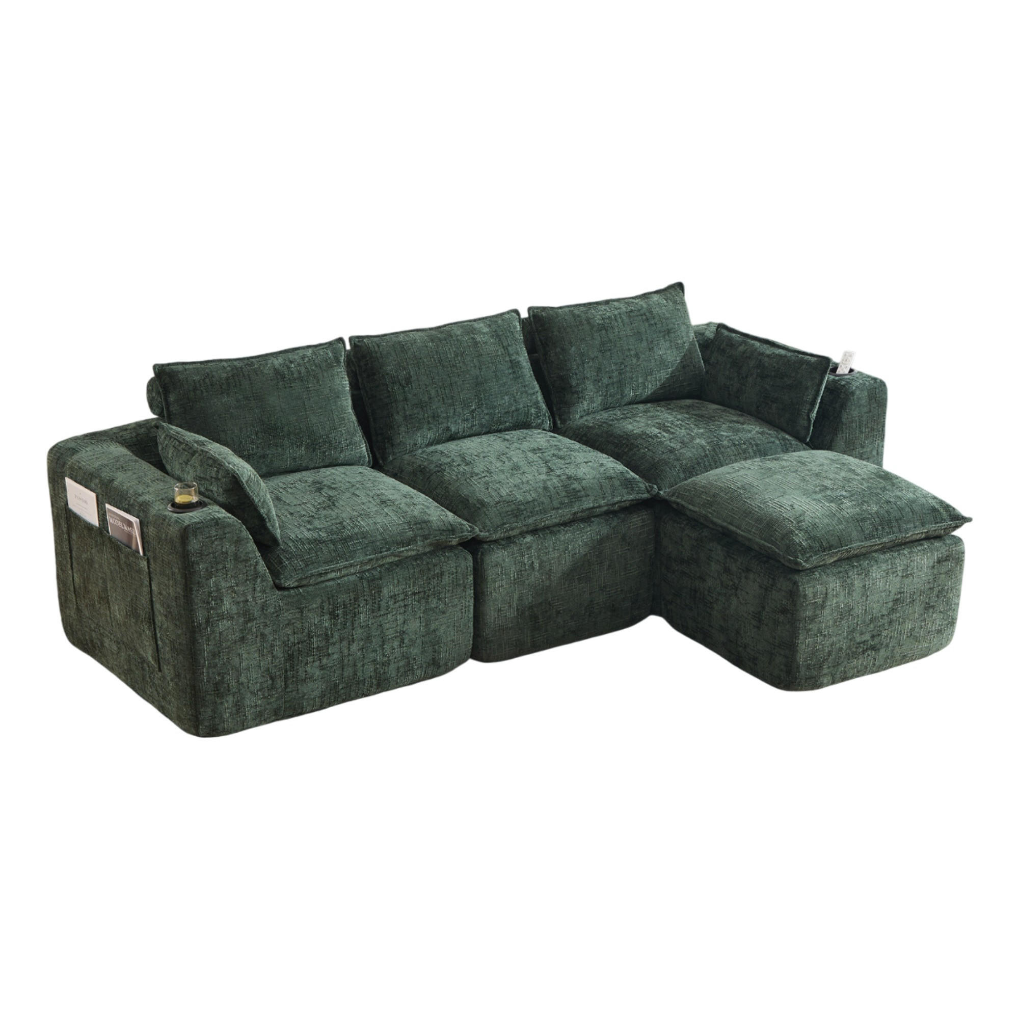 SOFA modular mit Fußhocker 256 x 161 cm Chenille Grün 3-tlg. - Grün, Holzwerkstoff (161/256cm) - Meubliv