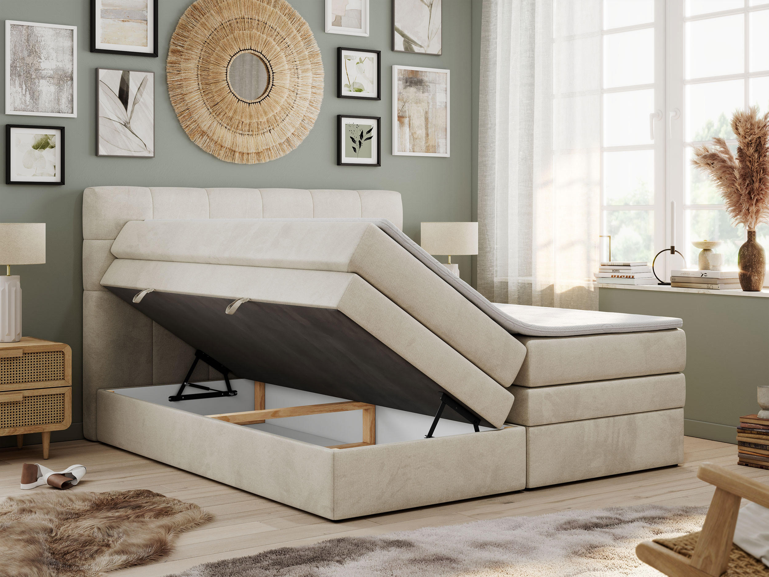 Thumbnail - MKS Boxspringbett, Beige, Textil, 2-Sitzer, H4, Rechteckig, 200x200 cm, Schlafzimmer, Betten, Boxspringbetten