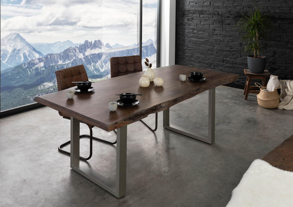 BAUMTISCH Akazie 220x100x77 grau lackiert / U-Beine silber matt FREEFORM 5 - Silberfarben/Grau, Holz (220/100/77cm) - Massivmoebel24