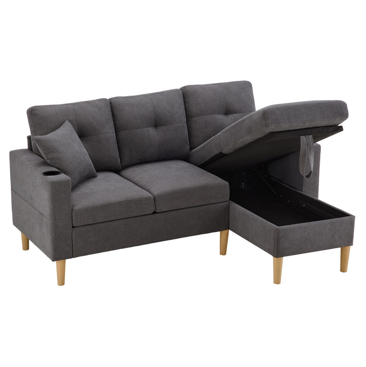 ECKSOFA Baumwoll-Leinen mit Stauraum und Getränkehaltern 175/129/90 cm Dunkelgrau inklusive 2 Kissen - Dunkelgrau, Textil (175/129cm) - Redom