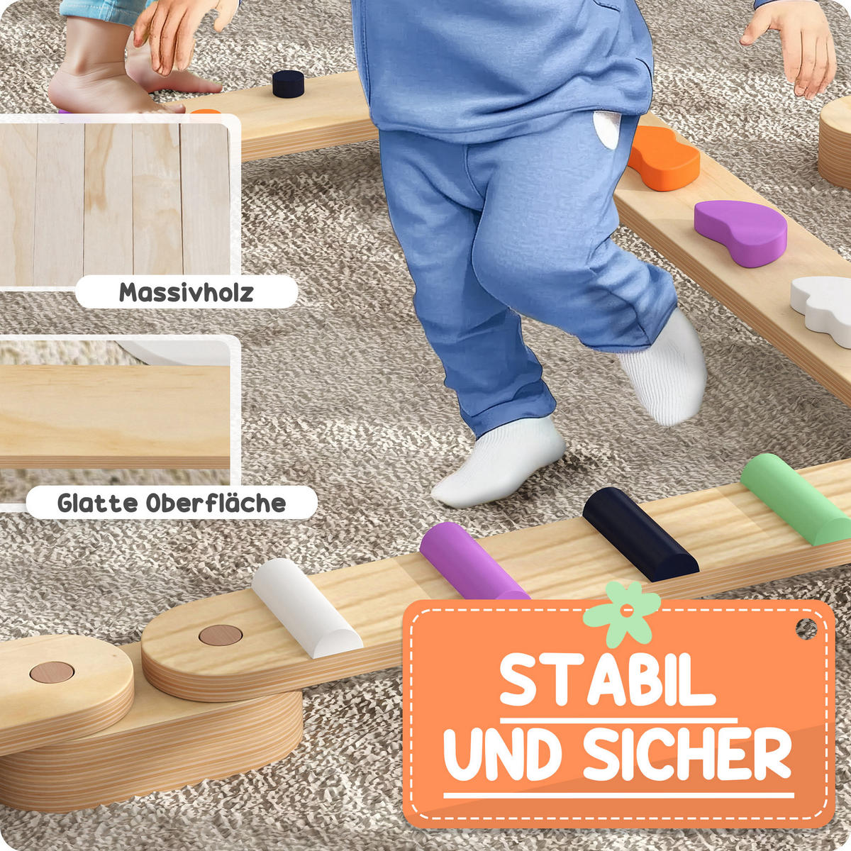 BALANCEBALKEN-KINDERSET aus Holz, 3-8 Jahre, zweiseitig, für Koordination - Multicolor, Holzwerkstoff (115/8.5/130cm) - AIYAPLAY