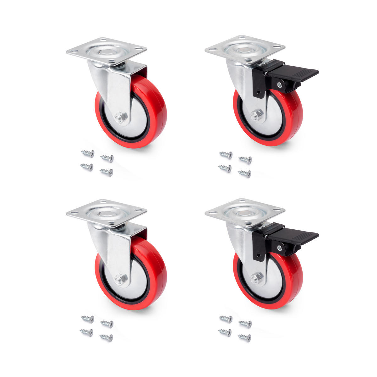 ROLLEN Slip 2 Red mit Montageplatte, Durchmesser 75mm, Stahl und Kunststoff 4er-set - Multicolor, Metall (12/12/18.5cm) - EMUCA